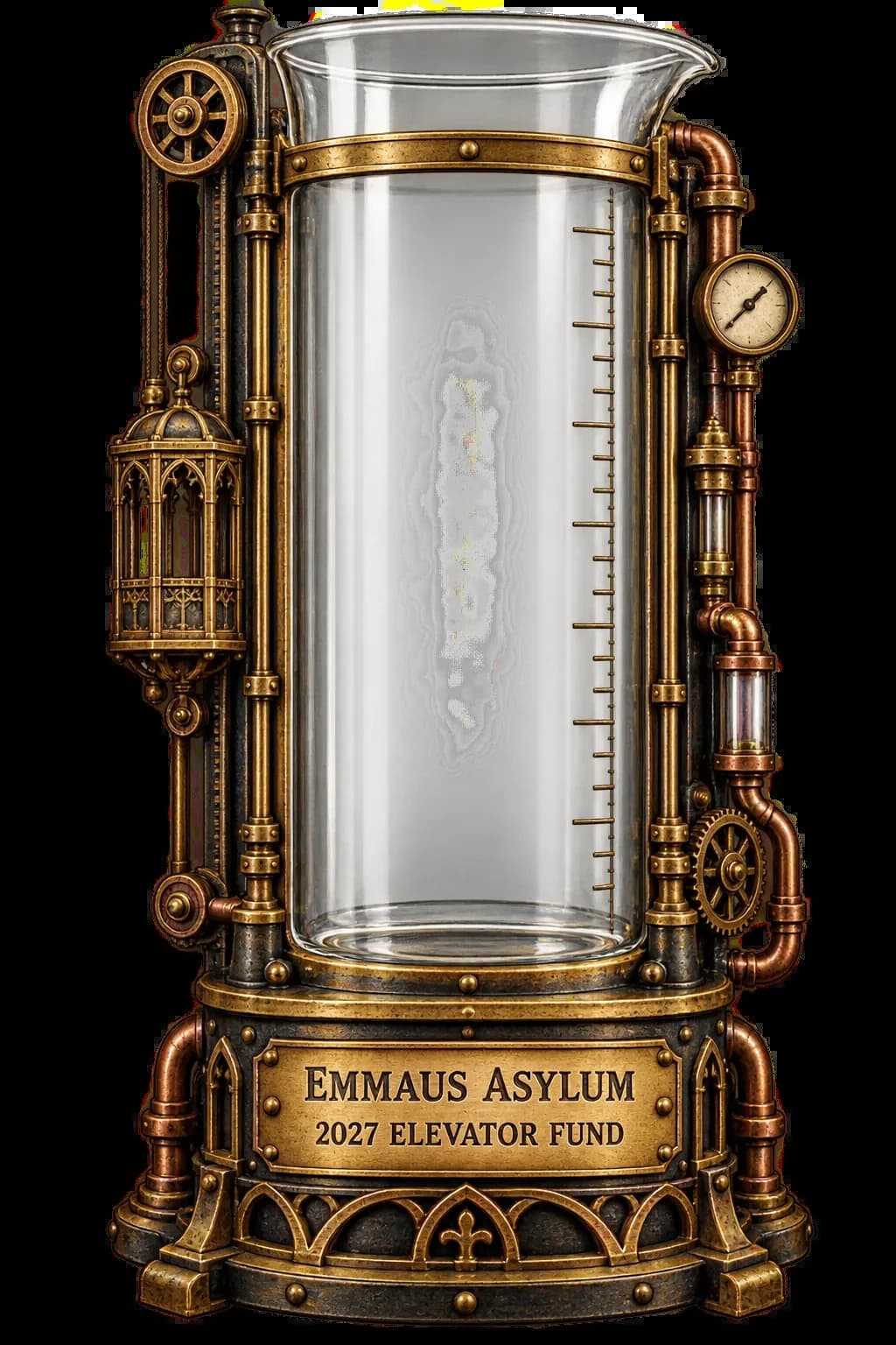 The Emmaus Asylum 2027 Elevator Fund vessel, a brass and glass measuring cylinder