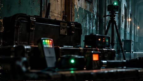 Equipment cases, meters and a camera tripod in the asylum corridor